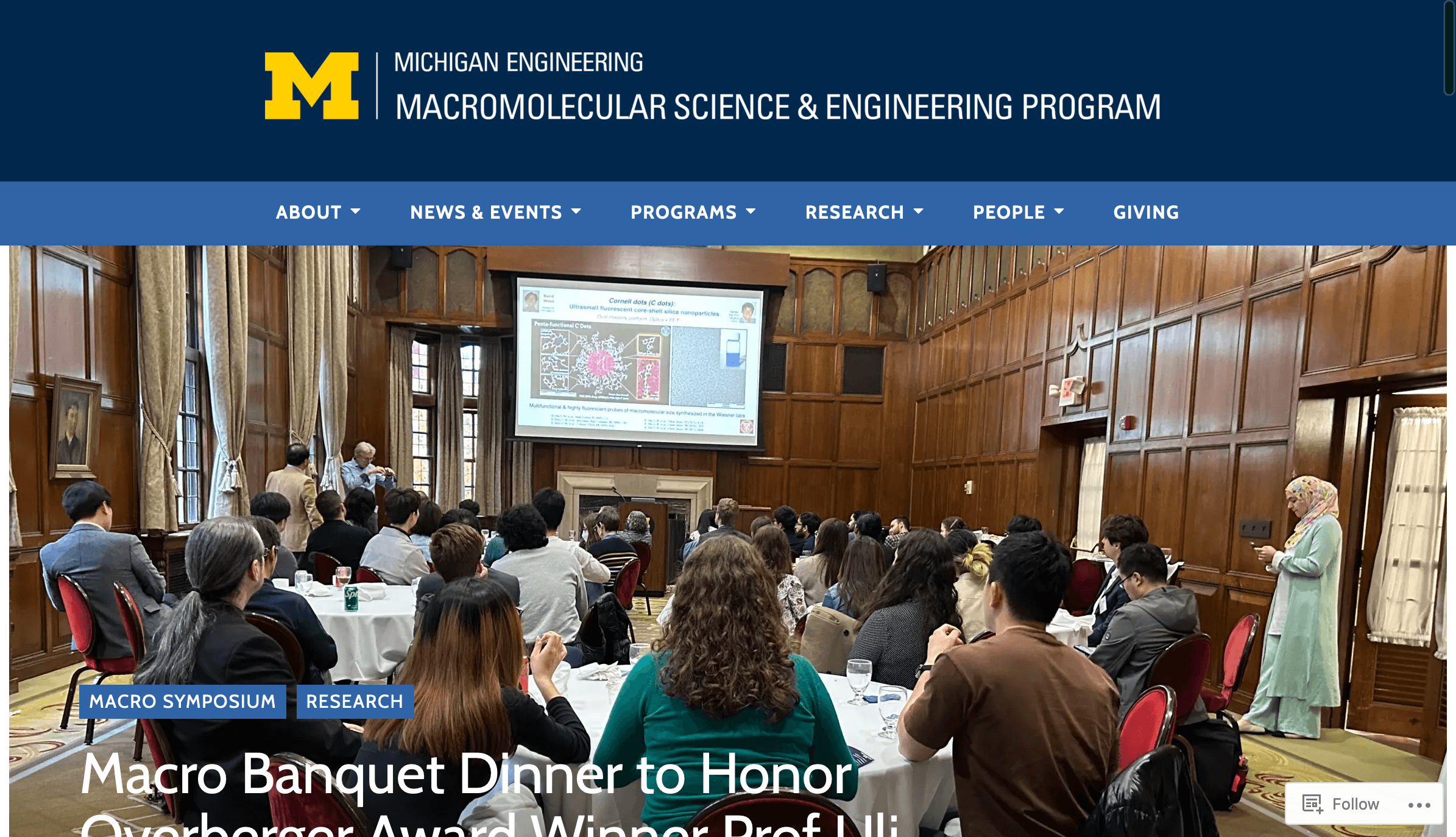 Website landing page for the Macromolecular Science and Engineering department page depicting a navigation header at the top and a slideshow of featured news underneath.