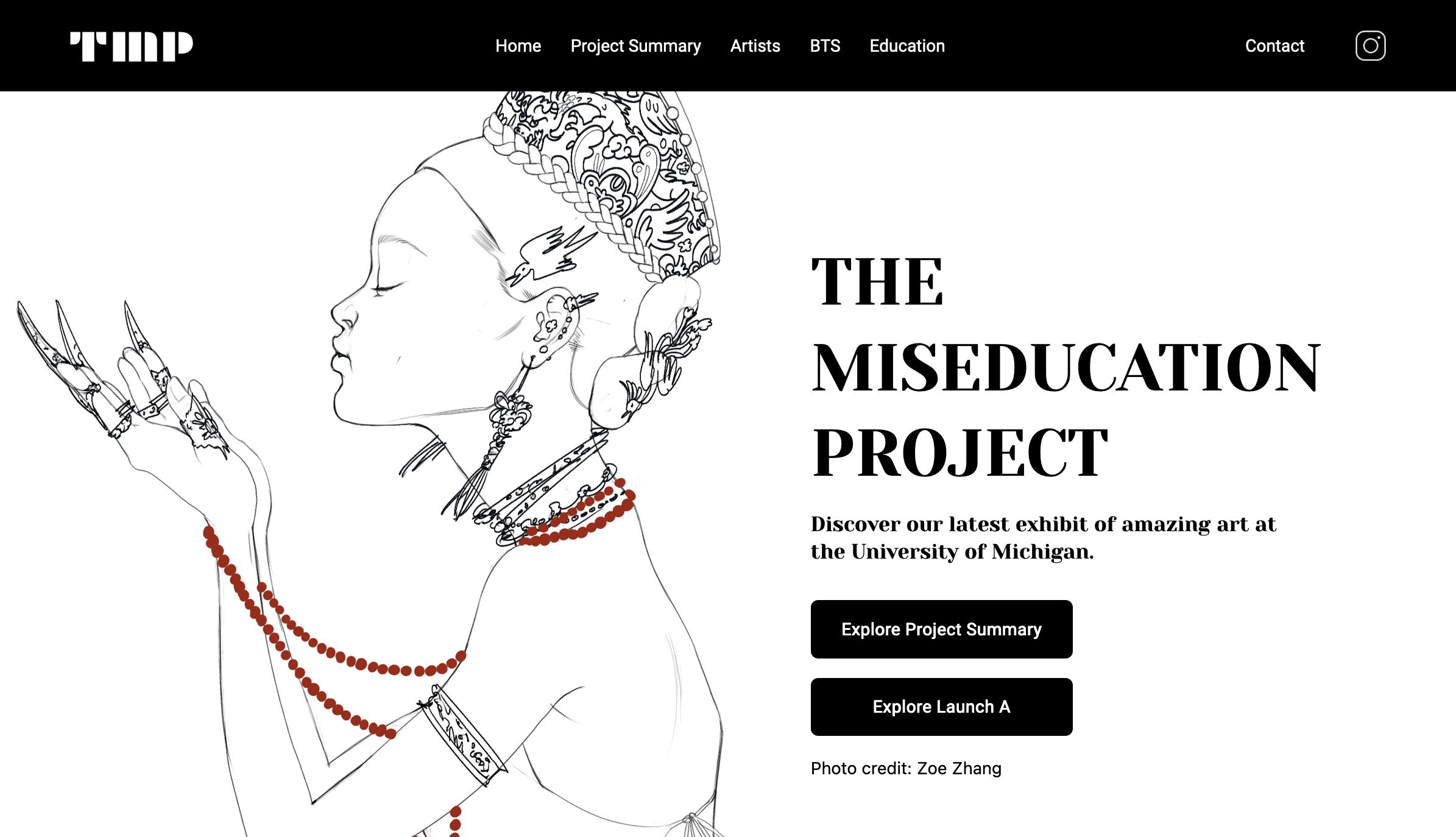 Website landing page for the Miseducation Project depicting a navigation header at the top, a drawing of a women on the left half of the screen, and the title The Miseducation Project on the right half with 2 buttons underneath.