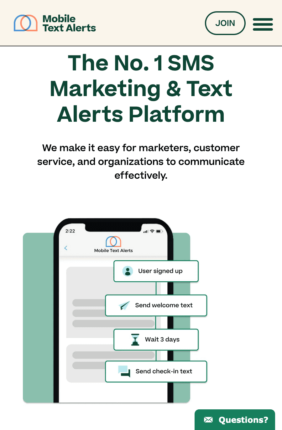 Mobile Text Alerts website landing page depicting a phone with text message features and the title 'The No. 1 SMS Marketing and Text Alerts Platform'.