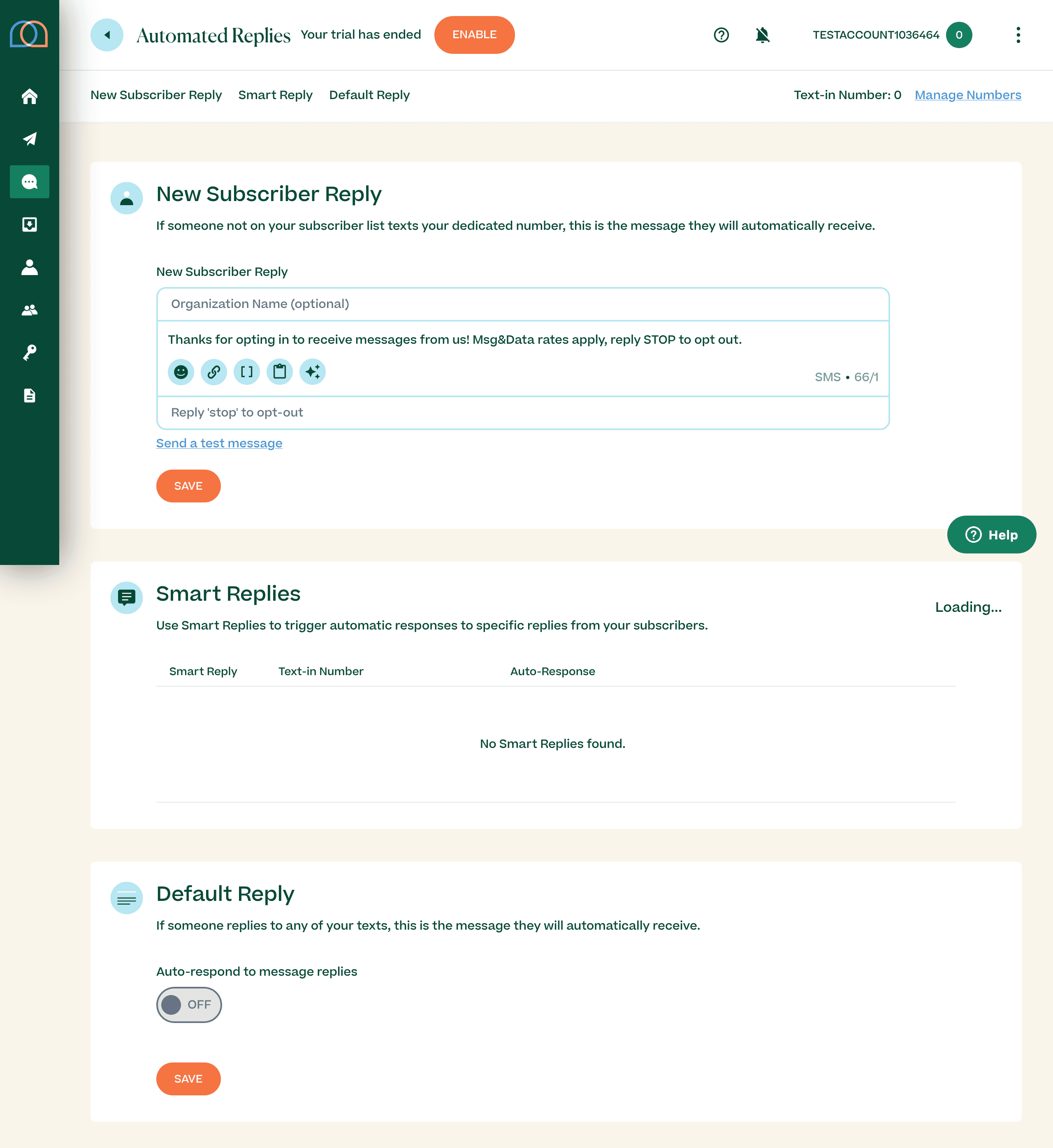 The Automated Replies page of Mobile Text Alerts shows three sections: New Subscriber Reply with a text box for input and a save button, Smart Replies, and Default Reply with a toggle button turned off.
